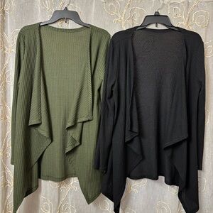 Waffle knit Open Front Cardigan  - Black and Green